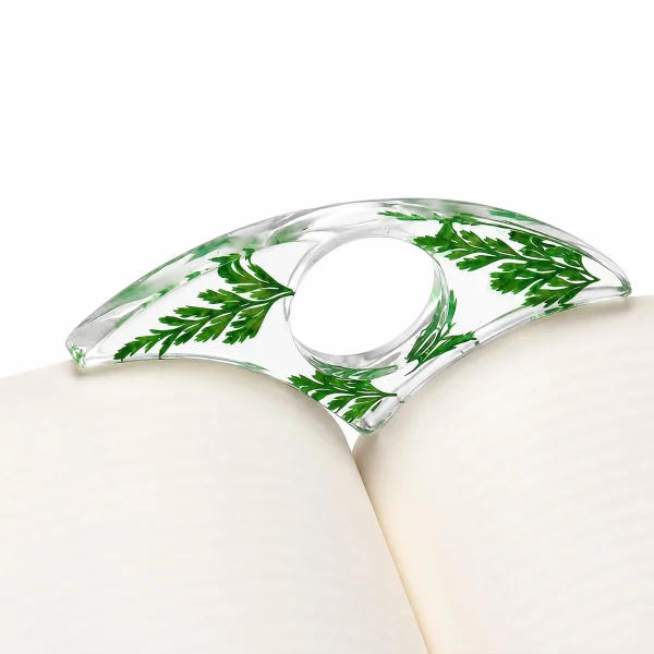 Olen thumb page holder in clear resin with deep green leaf-style sections