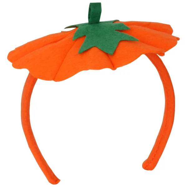 Regpre felt pumpkin headband, orange top with green leaf and stem, front view