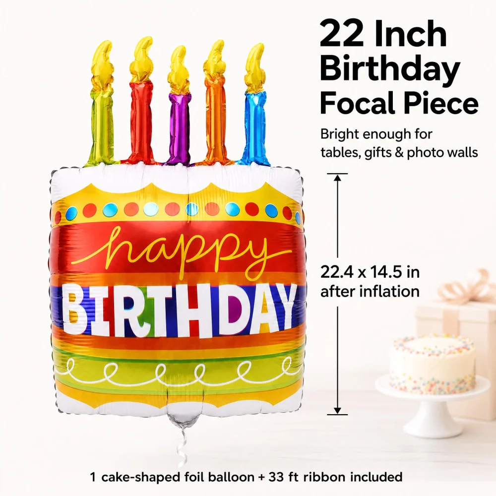 Vesil Birthday Cake Balloon, 22 in Foil with 33 ft Ribbon — view 2