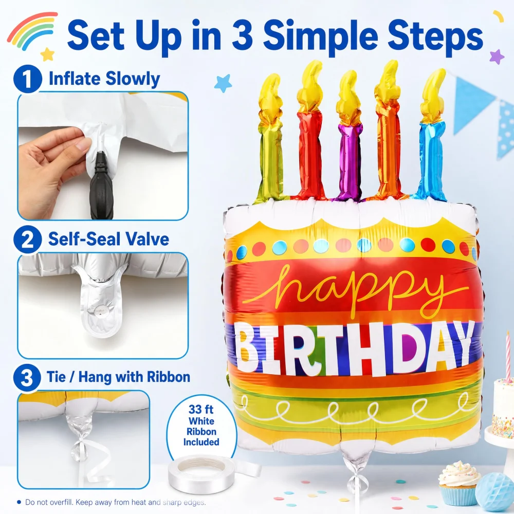 Vesil Birthday Cake Balloon, 22 in Foil with 33 ft Ribbon — view 6