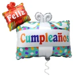 Vesil Feliz Cumpleaños foil balloon shaped like a gift box in turquoise and red
