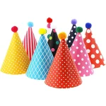 Vesil mini party hats: 9 assorted paper cone hats with pom poms and gold and silver crowns