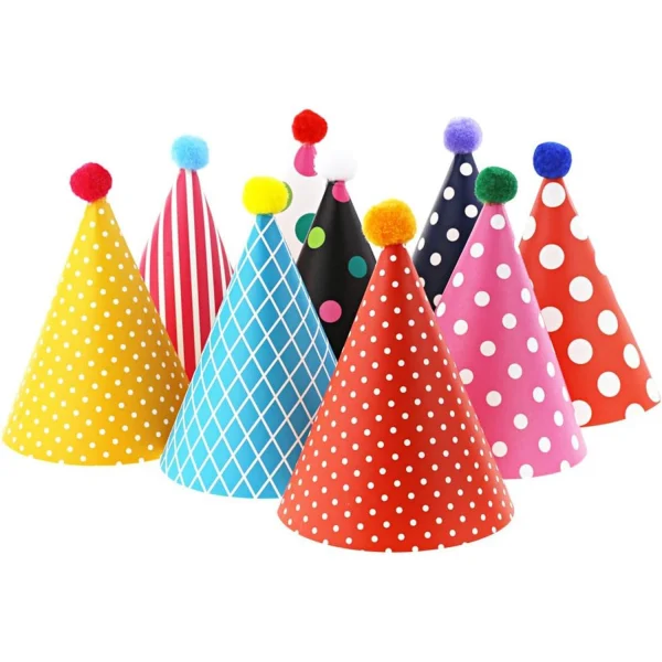 Vesil mini party hats: 9 assorted paper cone hats with pom poms and gold and silver crowns