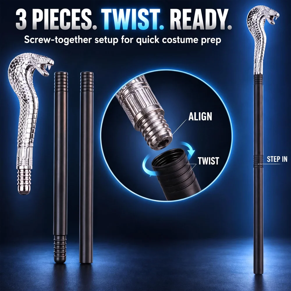 Vesil Snake Cane Costume Prop, Silver Cobra Head, 33.2 in — view 4