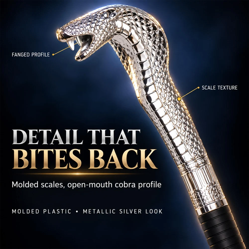 Vesil Snake Cane Costume Prop, Silver Cobra Head, 33.2 in — view 5